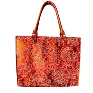 Patricia Nash Zacona Tote Metallic Orange Purse Tool Cut Design